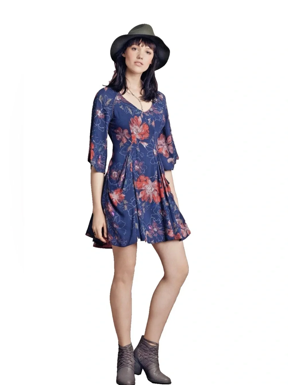 Free People Floral Navy and Orange Lined Dress Size 0 EUC